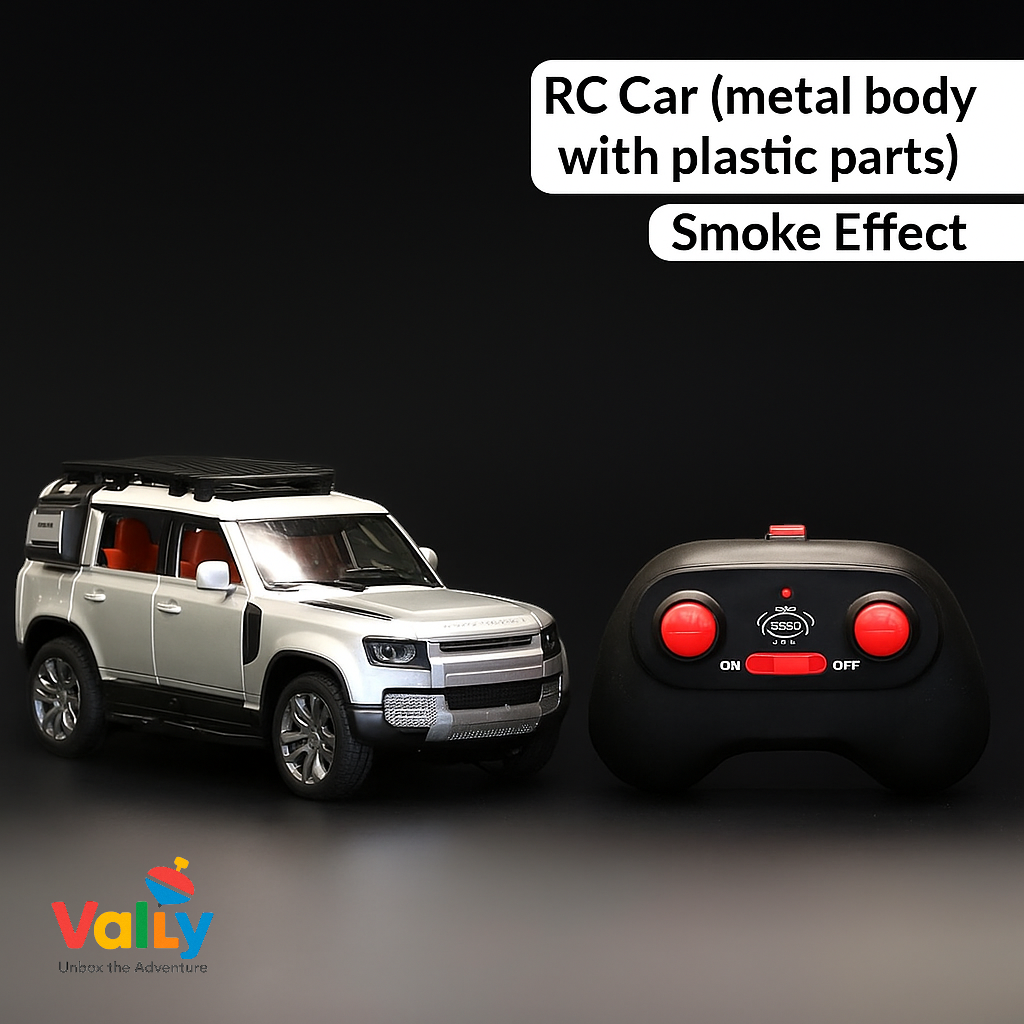 "VALLY RC Defender Car – 1:22 Scale Metal Body Remote Control Car with Smoke Effect & Lights"